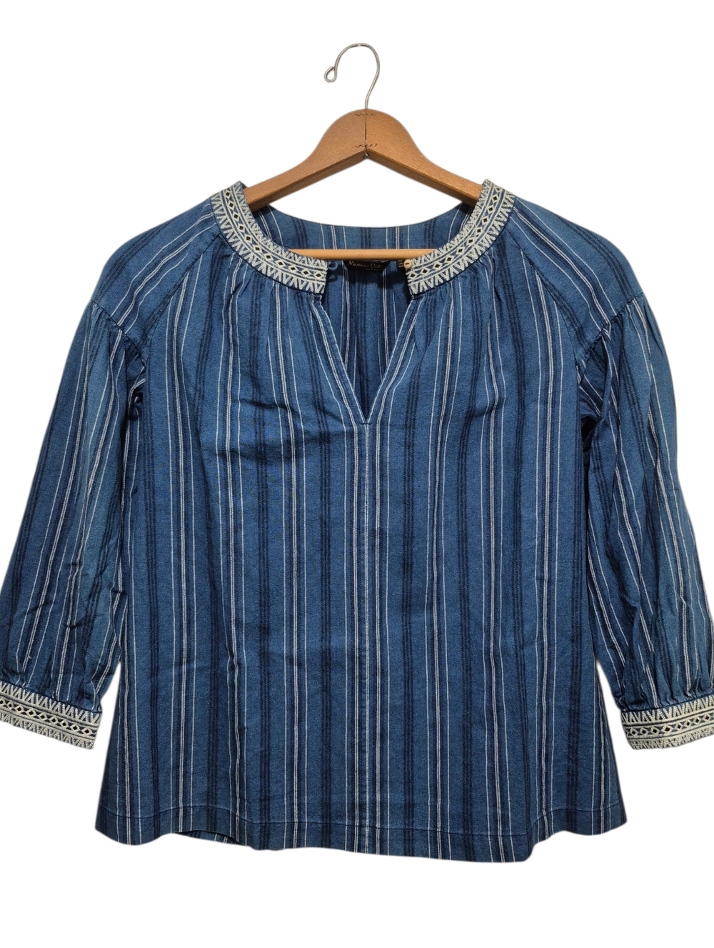 Massimo Dutti Chambray Striped Embroidered Blouse Size SMALL Coastal Bohemian